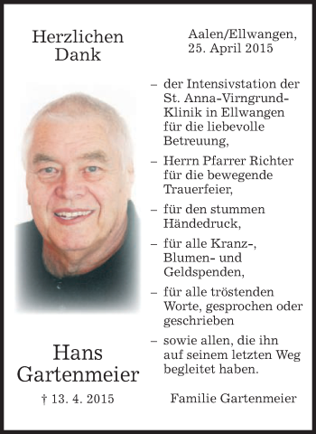 Traueranzeige von Hans Karl Gartenmeier von Schwäbische Post