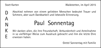 Traueranzeige von Paul Sonnentag von Gmünder Tagespost