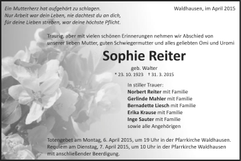 Traueranzeige von Sophie Reiter von Schwäbische Post