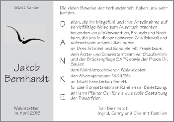 Traueranzeige von Jakob Bernhardt von Gmünder Tagespost