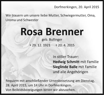 Traueranzeige von Rosa Brenner von Schwäbische Post