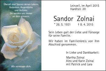 Traueranzeige von Sandor Zolnai von Gmünder Tagespost