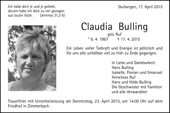 Traueranzeige von Claudia Bulling von Gmünder Tagespost