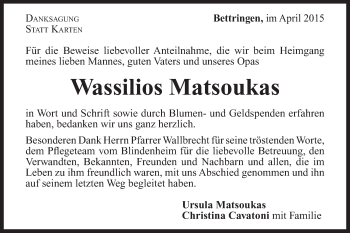 Traueranzeige von Wassilios Matsoukas von Gmünder Tagespost