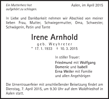 Traueranzeige von Irene Arnhold von Schwäbische Post