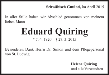 Traueranzeige von Eduard Quiring von Gmünder Tagespost