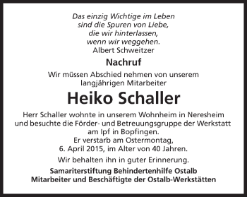 Traueranzeige von Heiko Schaller von Schwäbische Post