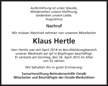 Traueranzeige von Klaus Hertle von Schwäbische Post