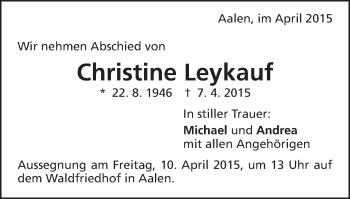 Traueranzeige von Christine Leykauf von Schwäbische Post