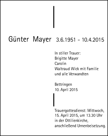 Traueranzeige von Günter Mayer von Gmünder Tagespost