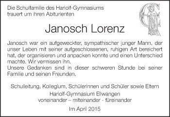 Traueranzeige von Janosch Lorenz von Schwäbische Post