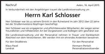 Traueranzeige von Karl Schlosser von Schwäbische Post