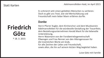 Traueranzeige von Friedrich Götz von Schwäbische Post