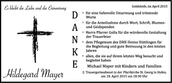 Traueranzeige von Hildegard Mayer von Schwäbische Post