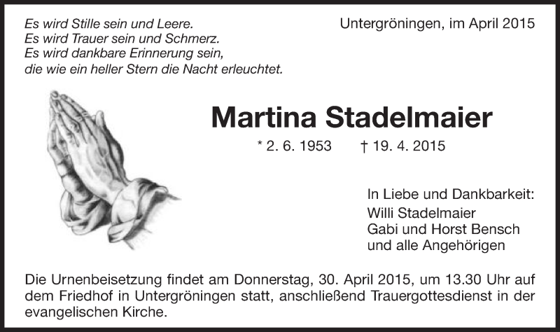  Traueranzeige für Martina Stadelmaier vom 27.04.2015 aus Gmünder Tagespost