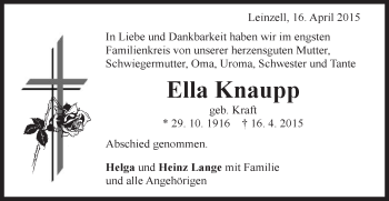 Traueranzeige von Ella Knaupp von Gmünder Tagespost