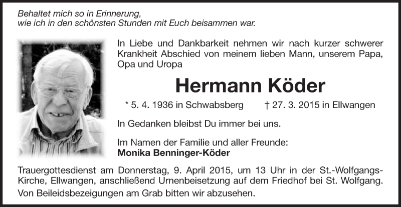  Traueranzeige für Hermann Köder vom 02.04.2015 aus Schwäbische Post