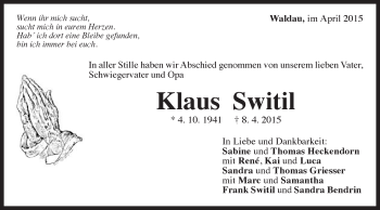 Traueranzeige von Klaus Switil von Gmünder Tagespost