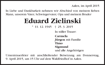 Traueranzeige von Eduard Zielinski  von Schwäbische Post