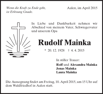 Traueranzeige von Rudolf Mainka von Schwäbische Post