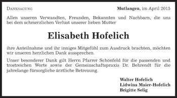 Traueranzeige von Elisabeth Hofelich von Gmünder Tagespost