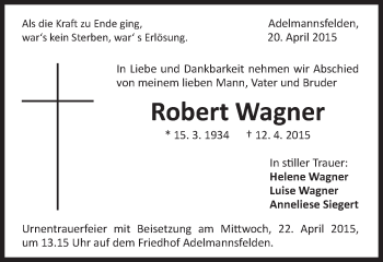 Traueranzeige von Robert Wagner von Schwäbische Post