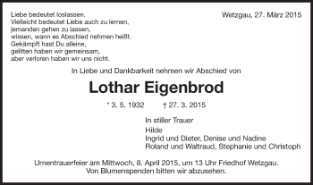 Traueranzeige von Lothar Eigenbrod von Gmünder Tagespost