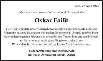 Traueranzeige von Oskar Faißt von Schwäbische Post