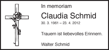Traueranzeige von Claudia Schmid von Schwäbische Post