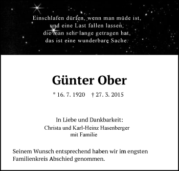 Traueranzeige von Günter Ober von Schwäbische Post
