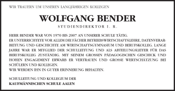 Traueranzeige von Wolfgang Bender von Schwäbische Post