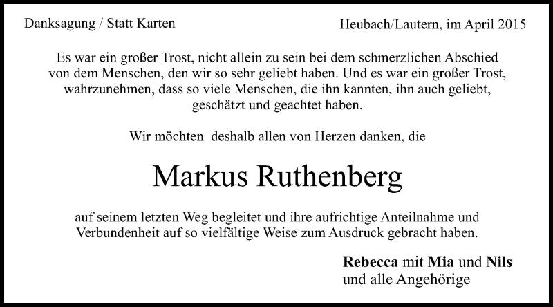  Traueranzeige für Markus Ruthenberg vom 09.04.2015 aus Gmünder Tagespost