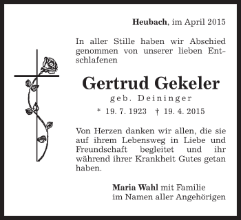 Traueranzeige von Gertrud Gekeler von Gmünder Tagespost