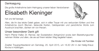 Traueranzeige von Elisabeth Kieninger  von Schwäbische Post