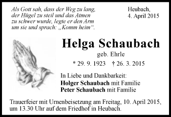 Traueranzeige von Helga Schaubach von Gmünder Tagespost