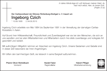 Traueranzeige von Ingeborg Czich von Schwäbische Post