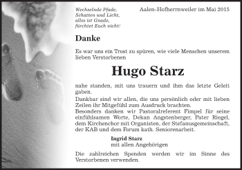 Traueranzeige von Hugo Starz von Schwäbische Post