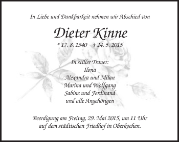 Traueranzeige von Dieter Kinne von Schwäbische Post