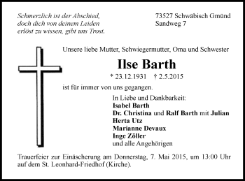Traueranzeige von Ilse Barth von Gmünder Tagespost