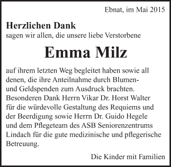 Traueranzeige von Emma Milz von Schwäbische Post