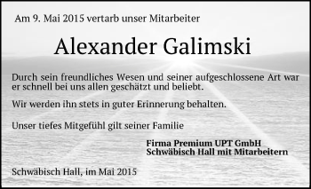 Traueranzeige von Alexander Galimski von Schwäbische Post