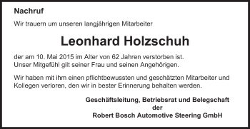 Traueranzeige von Leonhard Holzschuh von Gmünder Tagespost