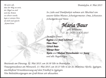 Traueranzeige von Maria Baur von Gmünder Tagespost