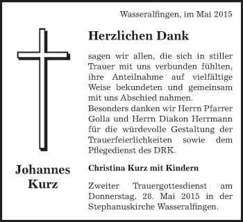 Traueranzeige von Johannes Kurz von Schwäbische Post