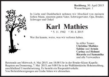 Traueranzeige von Karl Mathies von Gmünder Tagespost