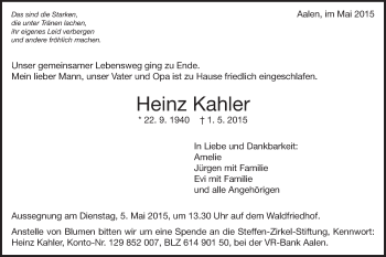 Traueranzeige von Heinz Kahler von Schwäbische Post