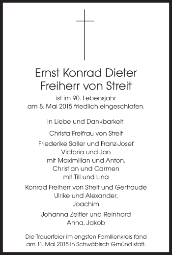 Traueranzeige von Ernst Konrad Dieter Freiherr von Streit von Gmünder Tagespost
