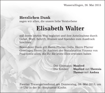 Traueranzeige von Elisabeth Walter von Schwäbische Post