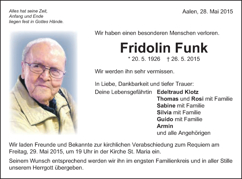  Traueranzeige für Fridolin Funk vom 28.05.2015 aus Schwäbische Post