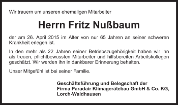 Traueranzeige von Fritz Nußbaum von Gmünder Tagespost